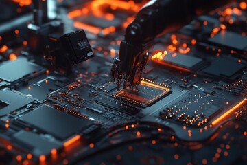 Poster - Robotic arm installing CPU on circuit board, factory