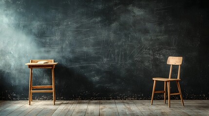 Poster - Minimal and vintage inspired classroom or office setting with an empty wooden chair and table on a worn wooden floor against a dark textured background  This image evokes a sense of simplicity