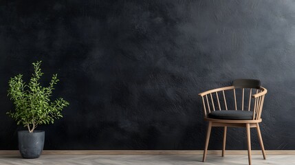 Poster - Cozy minimalist wooden chair with potted plant in dark modern room interior with contrast shadow and clean uncluttered design  Peaceful and calm atmosphere with natural organic elements