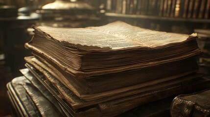 Poster - Ancient and weathered books stacked high in a library