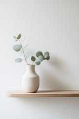 Poster - A wooden shelf showcases a matte ceramic vase adorned with a sprig of eucalyptus, perfectly placed on a clean white wall. The soft natural light enhances the minimalist design