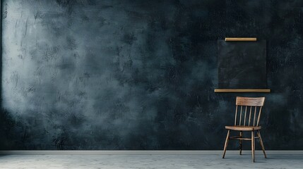 Poster - Minimal and Elegant Wooden Chair and Table Arrangement in Empty Room with Dark Textured Wall Background  Cozy and Comfortable Furniture Decor for Study Office or Living Space