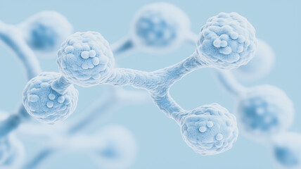 Poster - a microscopic image of a complex molecule. The molecule is composed of several spheres connected by long, thin chains. It's depicted in a cool blue hue. The intricate structure is visible in detail.