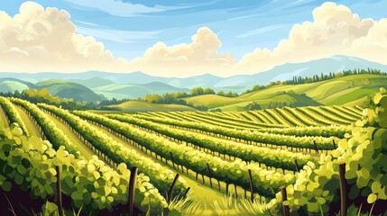 Poster - Rolling Hills Vineyard Landscape Under Sunny Skies