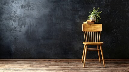 Poster - Wooden chair with a potted plant resting on a wooden table in a minimalist and modern interior setting  The simple yet elegant design creates a calm and serene atmosphere