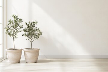 Poster - A bright Nordic-style interior showcases small potted trees in natural clay planters on a light wooden floor. The clean white wall adds to the minimalist appeal, creating a serene atmosphere