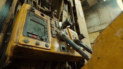 Poster - Weathered Yellow Industrial Machine Control Panel
