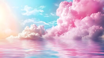 Poster - Ethereal pink and purple clouds drift across a vibrant dreamlike sky their soft wispy shapes reflected perfectly in the still mirror like surface of a tranquil lake or pond  This captivating serene