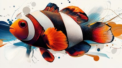 Wall Mural - A stylized clownfish illustration, emphasizing unique shapes and vivid hues to create a modern and artistic appearance.