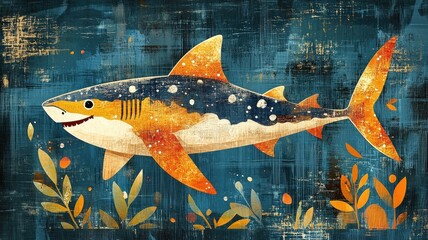 Wall Mural - A playful shark illustration with a textured pattern, combining dynamic shapes and vivid colors for an energetic look.