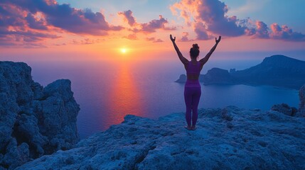 Poster - A woman stands on a rocky outcrop facing the vibrant sunset, stretching her arms wide while enjoying the serene ocean view. The sky is filled with hues of orange and purple.