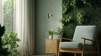 Poster - Cozy and modern minimalist living room interior design with large window lush green plants and natural decor elements creating a tranquil serene and refreshing ambiance