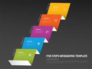 Poster - Five-step dark infographic template from folded paper displays sequential information. Each step is marked with distinct colors and icons, enhancing the visual appeal of the infographic template.