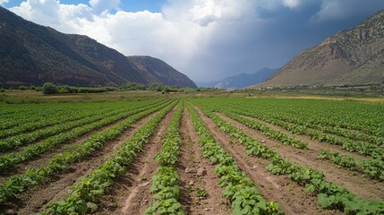 Poster - Mountain Valley Farmland Rows Of Crops Growing