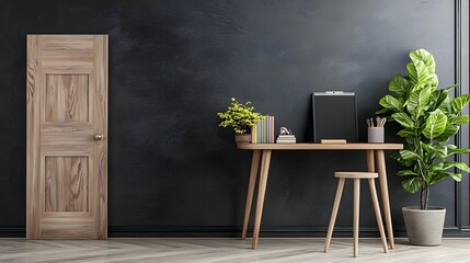 Poster - Minimalist wooden desk setup with laptop computer green plant and various decor elements creating a cozy and inspiring workspace environment for productivity focus and creative thinking