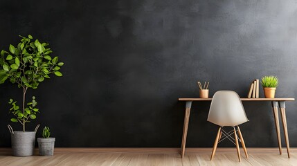 Poster - Minimalist and modern home office workspace featuring a wooden table floating shelves and a potted plant  Designed for productivity focus and with a clean organized and serene aesthetic