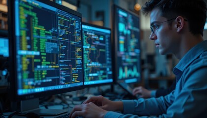 Focused coder reviewing complex code on multiple monitors in a modern tech workspace