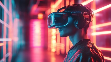 Fototapete - Man using VR headset in neon-lit corridor