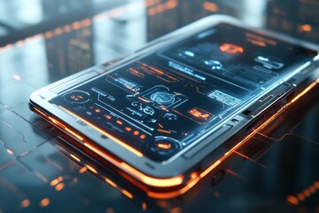 Fototapete - Futuristic tablet displays data; city background; tech concept