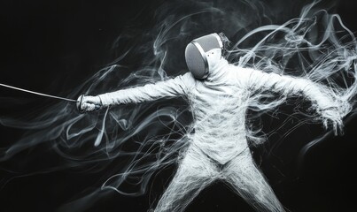 Poster - Fencer action pose, swirling lines on dark background.