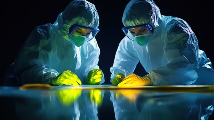 Poster - Two Scientists Examine Evidence In Protective Suits