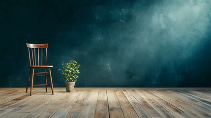 Poster - Empty wooden chair with a potted plant standing against a moody dark wall background in a minimalist cozy interior room  The simple clean design and peaceful