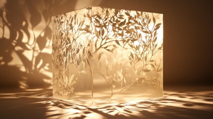 Poster - Illuminated Glass Cube With Etched Leaf Design