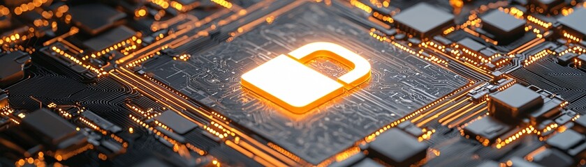 Poster - A glowing lock symbol amidst a dark background of fragmented data, highlighting media privacy.