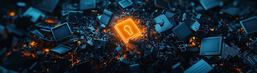 Poster - A glowing lock symbol amidst a dark background of fragmented data, highlighting media privacy.