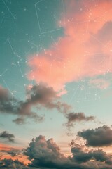 Poster - abstract celestial network soft pink clouds and star constellations against teal sky.