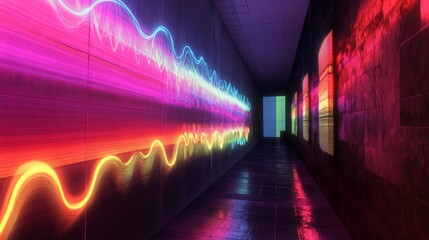 Poster - A futuristic corridor with vibrant, luminous wave patterns on the walls