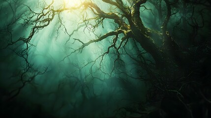 Wall Mural - Enchanting Twilight Forest Scene with Gnarled Twisted Branches Casting Dramatic Shadows and Ethereal Lighting Creating a Mysterious Haunting Atmosphere