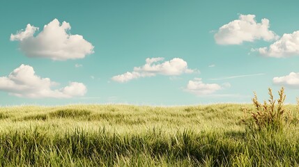 Poster - Panoramic view of a scenic rural landscape with a lush green meadow and rolling hills under a bright blue sky with fluffy white clouds