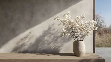 Aufkleber - Minimalist vase with white flowers casting shadows on a textured wall