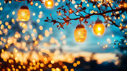 Poster - Glowing lanterns hang from branches, illuminating a dreamy evening sky filled with twinkling lights