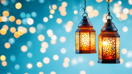Poster - Illuminated lanterns hang against a dreamy blue background with bokeh lights