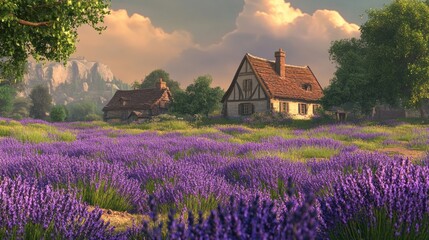 Poster - Lavender Field Houses Rustic Charm Idyllic Setting