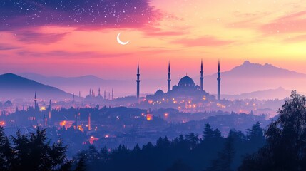 Poster - Serene Sunset Cityscape Featuring a Majestic Mosque Under the Crescent Moon