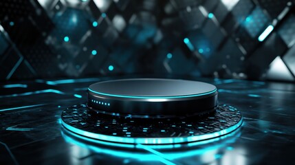 Poster - futuristic black product display podium with glowing blue accents and tech background.