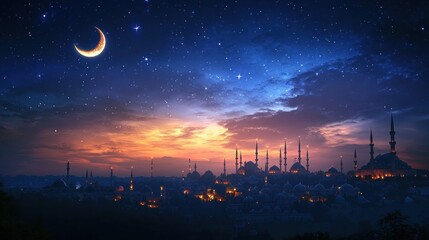 Poster - Nighttime Cityscape Illuminated Mosques Crescent Moon Stars