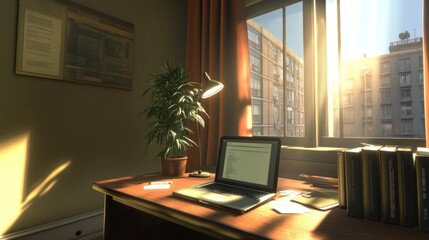 Poster - Sunlit Office Workspace With Laptop And Books
