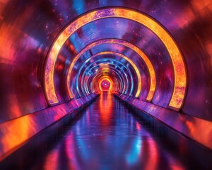 Poster - futuristic abstract tunnel with glowing circular portal and reflective floor.