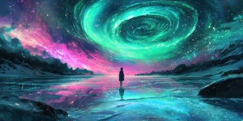 Wall Mural - solitary figure gazing at a cosmic aurora over frozen lake fantasy sci-fi landscape.