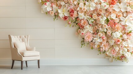 Poster - Stunning floral bouquet in a vase adorning a modern minimalist interior wall  The elegant arrangement features a variety of pastel colored flowers creating a serene and inviting ambiance