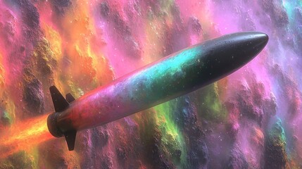 Aufkleber - Multicolored Missile in a Cosmic Nebula: A Futuristic Vision of Space Exploration