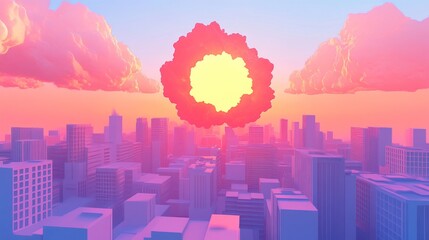 Poster - Pink Sunset Over Stylized Cityscape With Cloud