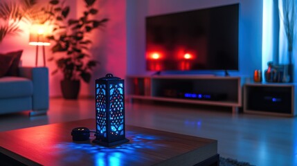 Poster - Illuminated Lantern On Coffee Table In Modern Living Room