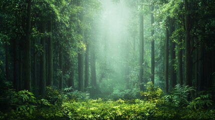 Wall Mural - Serene and Mystical Forest Path with Lush Vegetation and Sunlit Atmosphere  A winding trail through a dense green forest with mist or fog creating an ethereal captivating scene