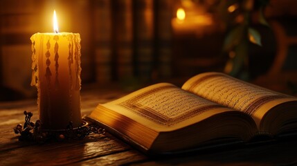 Poster - Illuminated Quran and Burning Candle on Wooden Table