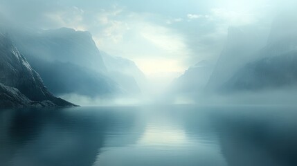 Poster - Serene Misty Fjord Mountainscape Water Reflection